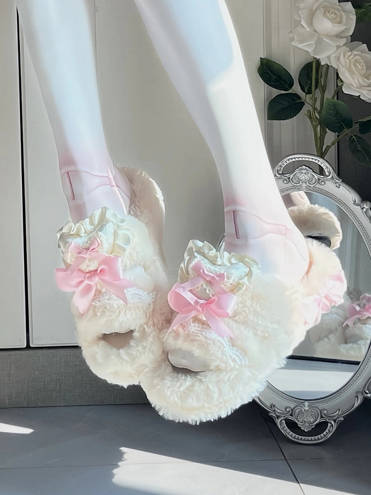 Ruffle - Lace Pink Slippers Bow with 2cm/4cm Platform Knotted Lolita Plush Heart Sweet Winter Trim
