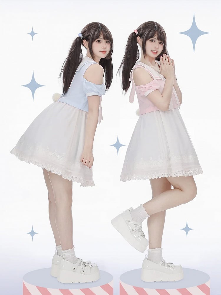 首輪 ピンク/ブルー ウサギの耳としっぽのディテール セーラーシフォンバック