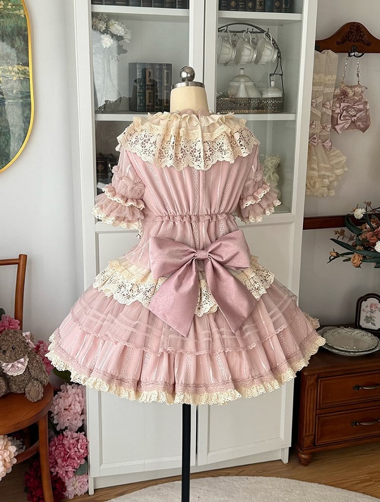 with Waist Sweet Low Sleeves Bow Lace Pink Beige Dress Ruffled Lolita and Accents