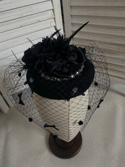 Mesh Hat and Black Mini Decorated Bows Flowers