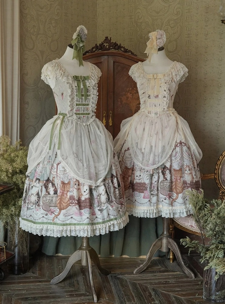 Green Cat Print Lace Ruffles Sweet Lolita JSK Dress with Drawstring Overlay - NyaNya