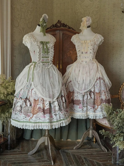 Green Cat Print Lace Ruffles Sweet Lolita JSK Dress with Drawstring Overlay - NyaNya