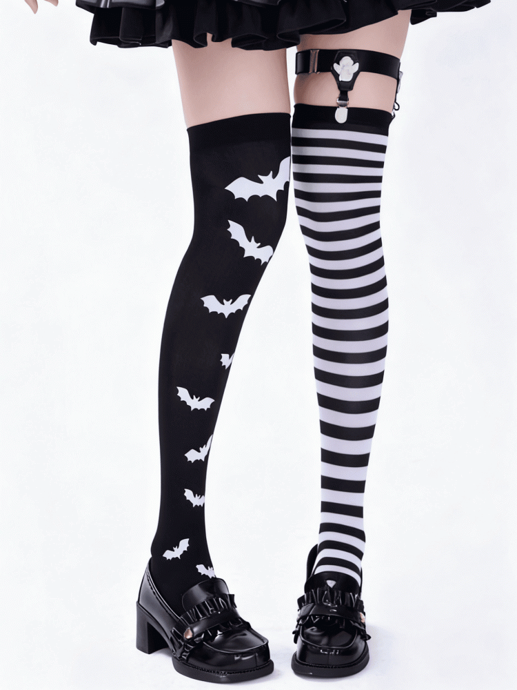 White Pattern Striped Black Halloween Stockings Design Gothic Asymmetrical Bat