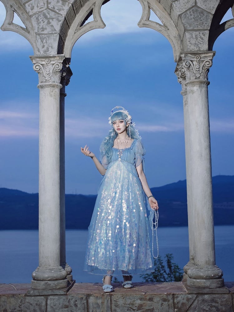 Mermaid-Inspired Sequined Sparkling Dress Empire Blue Waist Lolita