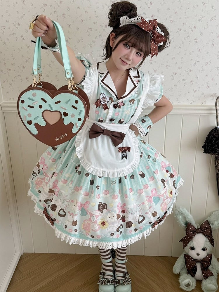 Mint and Chocolate Sweet Heart-Shaped Handbag - Sheep Puff Bag