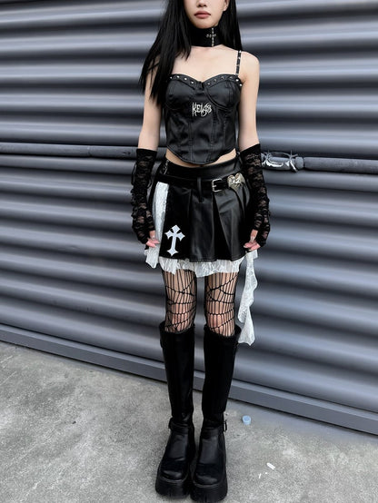 パンクロック ブラック クロス アップリケ PU パッチワーク ボックス プリーツ スカート