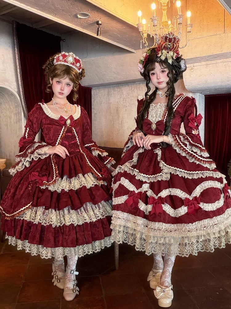 Elegant Classic Wine Red Lolita Dress with Bell Sleeves, Lace & Layered Ruffles - Strawberry Cocoa Lolita