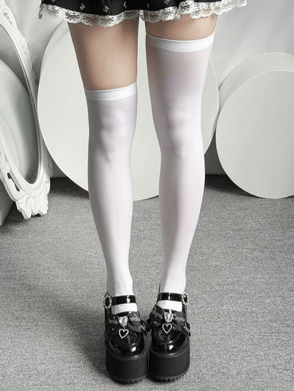 Over-knee Ribbed Kei Black/White Jirai Trim Stockings with