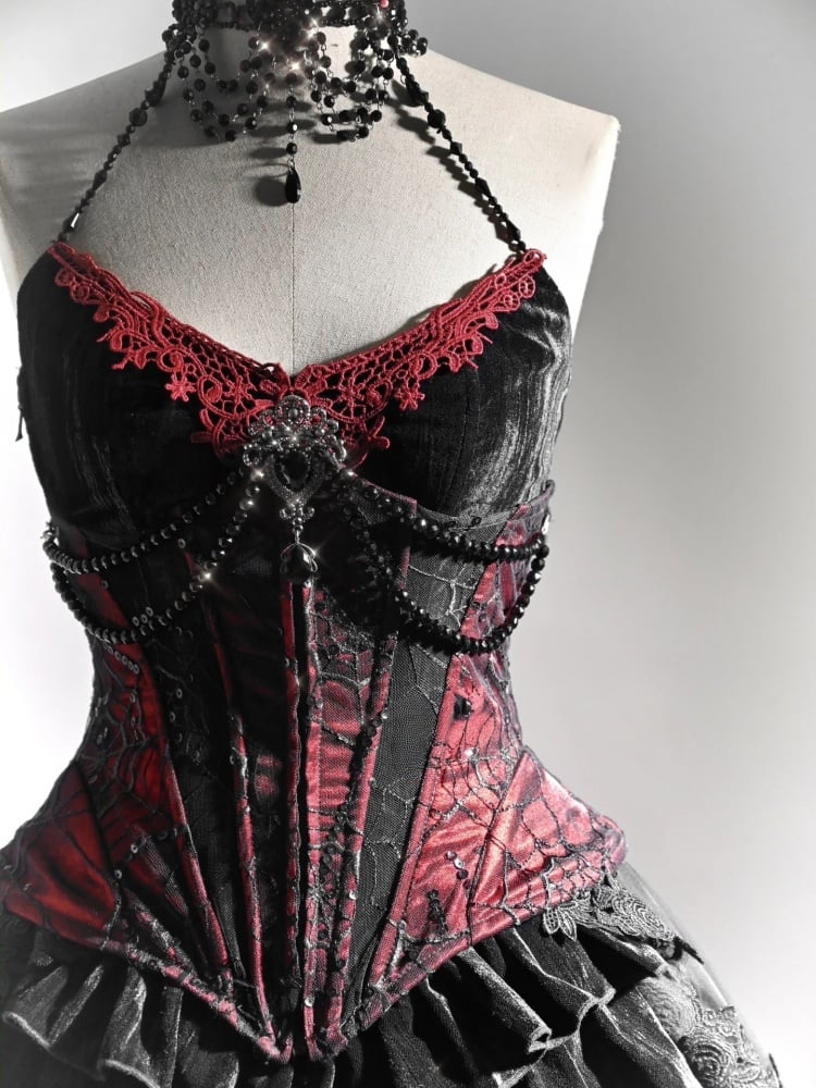 Goth Spiderweb Spitze Weinrot Vampir Korsett mit Knochen
