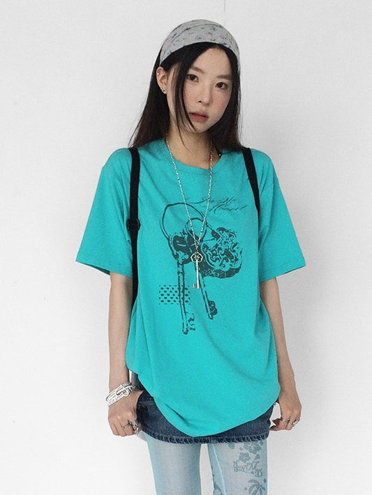 Casual Kawaii Cyan Round Neck Short Sleeve Tee with Key Print