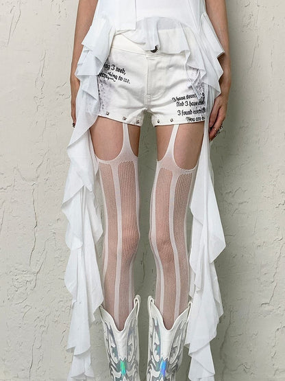 Tights Pattern Y2K White/Black Striped Suspender Fishnet