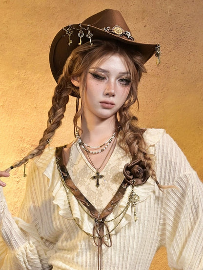 Brown Antique Brooch Rose Chains Gold Punk with Key Double Vintage