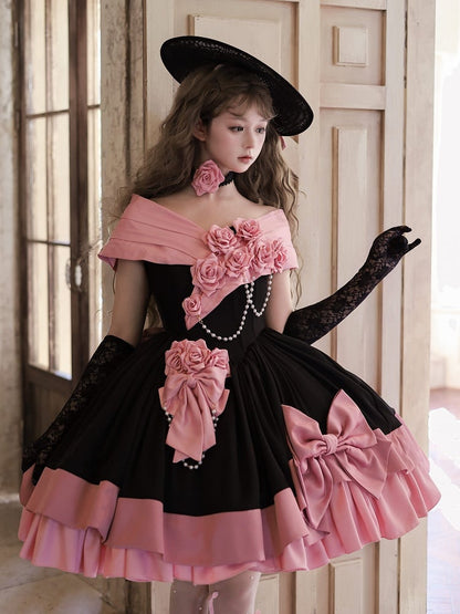 Pink Black Off-Shoulder Boned Lolita Gown - Treasure Box Factory