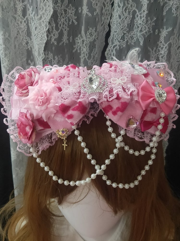 Leoparden-Design, Charm-Muster, Spitze, Schleife, rosa Perlen, Haarspange, Blumen-Strass verziert