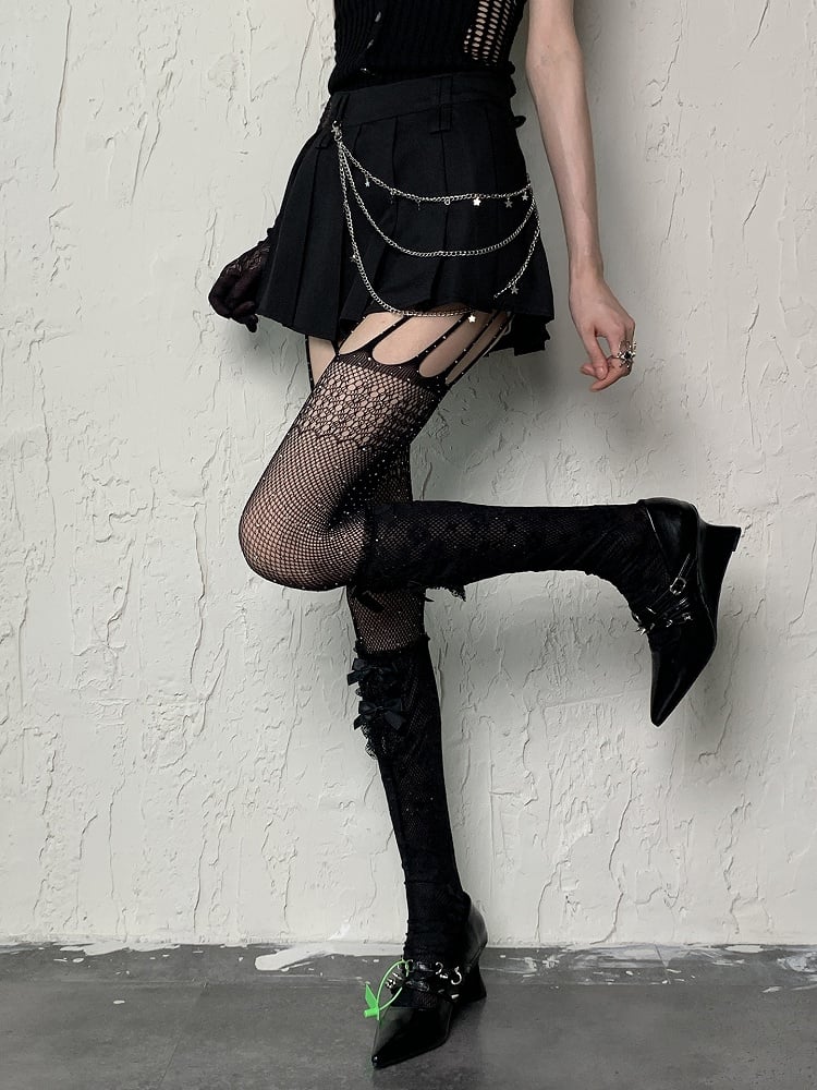 Pattern Floral Stockings Underknee Y2K Bowknot Black Semi-sheer Details