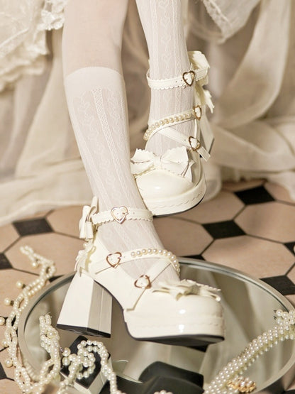 Plateau Mary Block mit überkreuzten Riemen - Janes Heel Schnalle High Sweet Lolita Weißes Herz Perlen