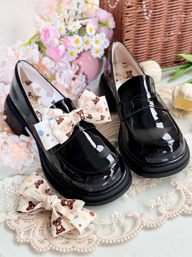 Fit Style Black JK Detachable in Loafers Mid-heel Design Print Academic Bear Bow Slip-in