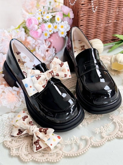 Fit Style Black JK Detachable in Loafers Mid-heel Design Print Academic Bear Bow Slip-in