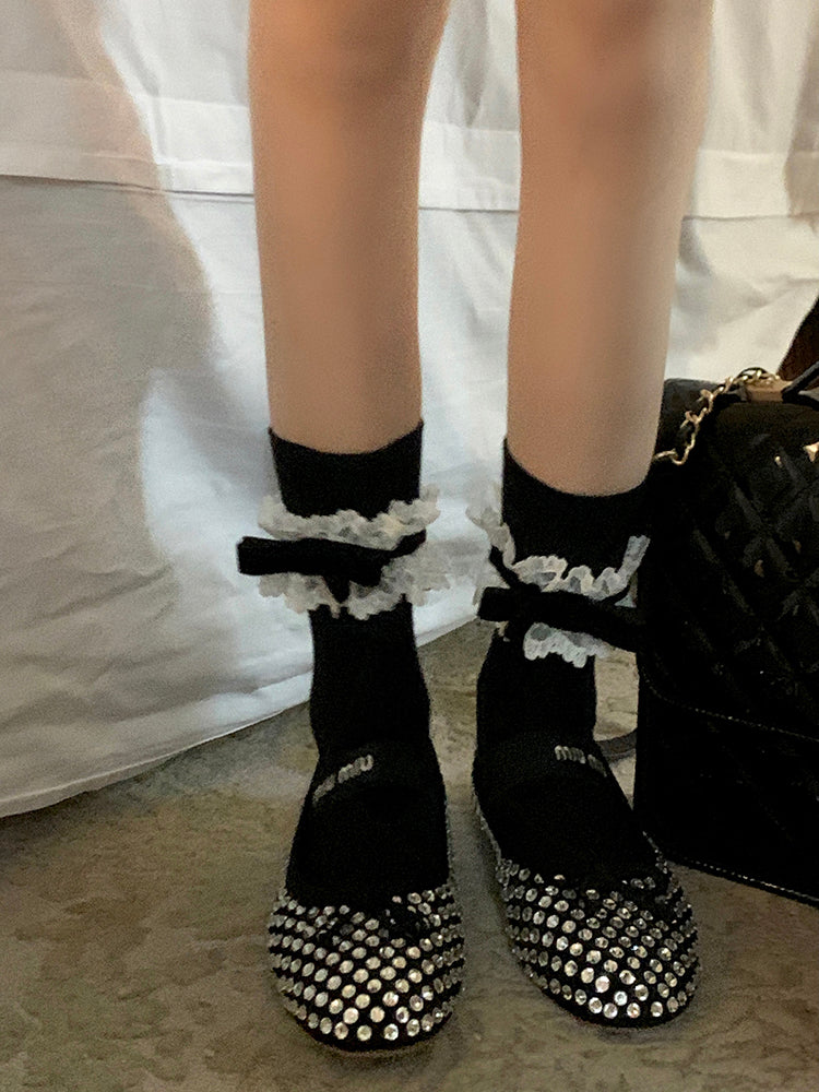 Trim Socks Ribbon Mid-Calf Bow with JK Lace Black/White