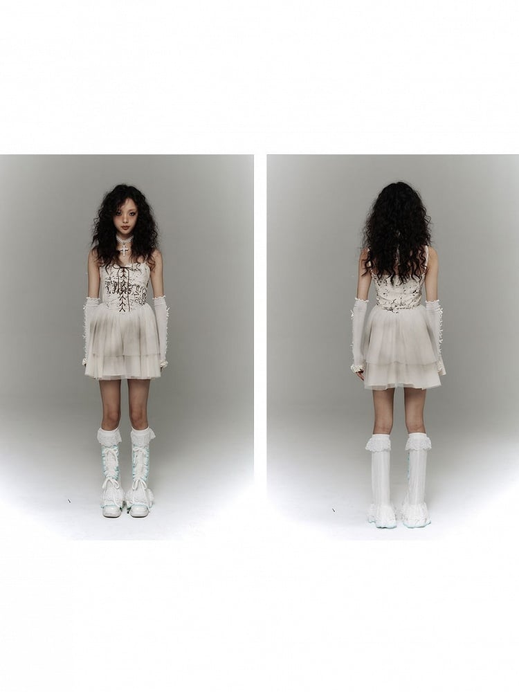 Punk Slip Crisscross Dress Lacing Tiered White with Tulle Skirt Distressed