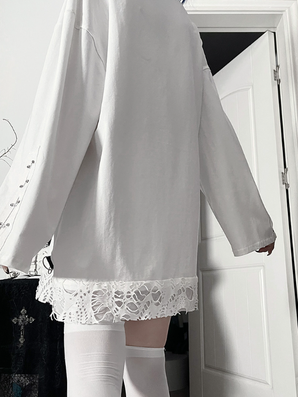 + Long-Sleeve Black Skull Print Straps Heart PU Punk Blue White with Subculture Top