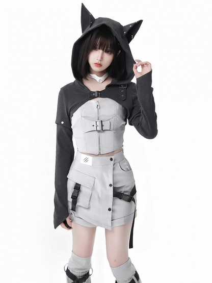 Dark Gray Wolf Ear Hooded Crop Top - PINK SAVIOR