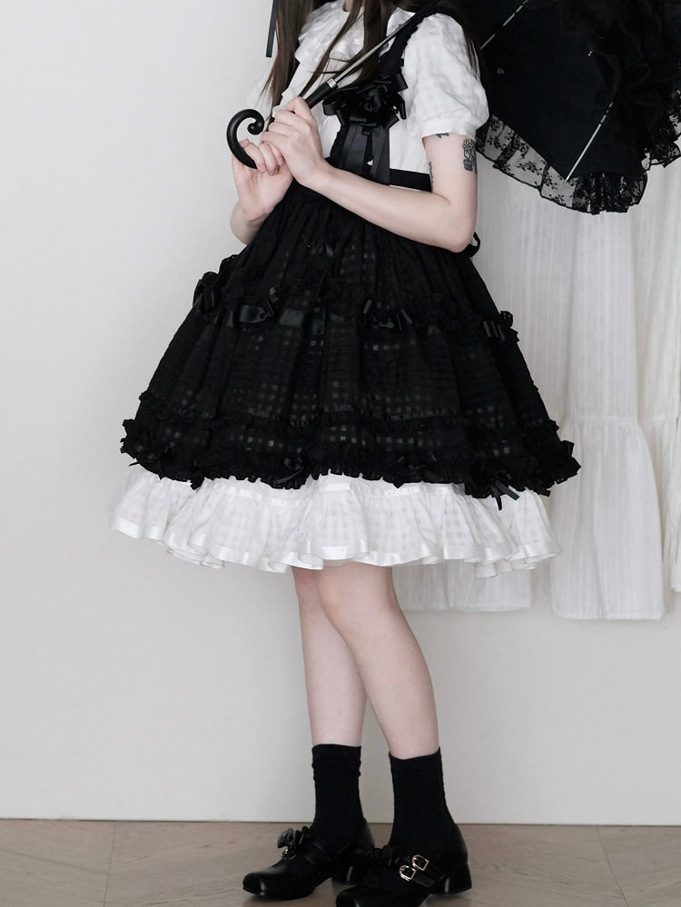Dark Checkered Multi-Tier Bow Lolita Jumperdress