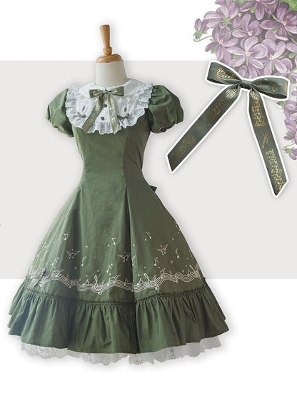 Embroidered Music Note Motif Green Dress with Puff Sleeves and Lace Collar - Surface Spell