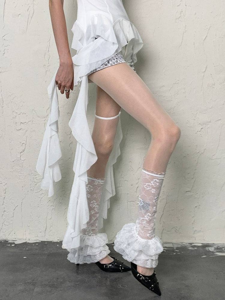 ホワイトパターン セミシースルー シーブス 花柄フリルトリム Y2K レッグ