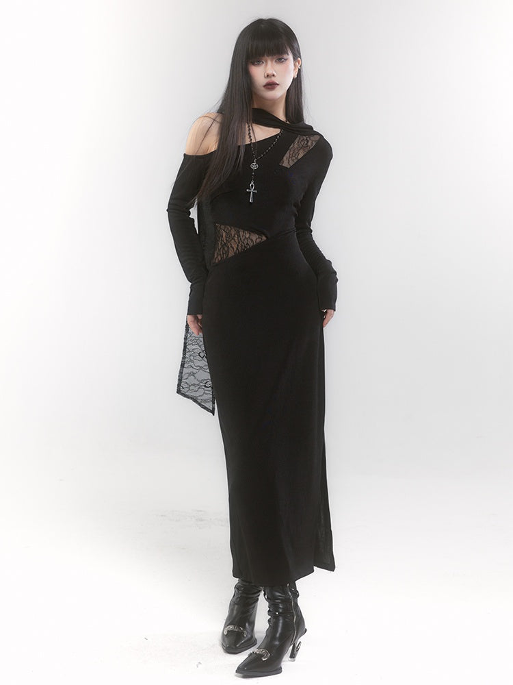 Robe fourreau noire gothique asymétrique à encolure et détails découpés
