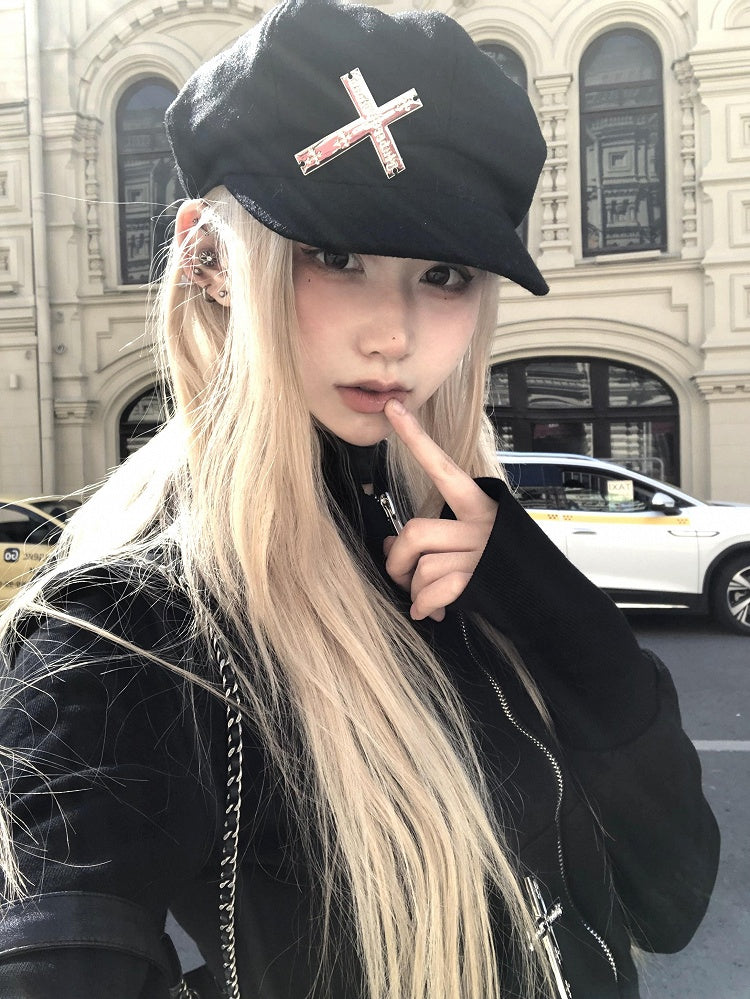 Black Newsboy Cross Cap Gothic Handmade