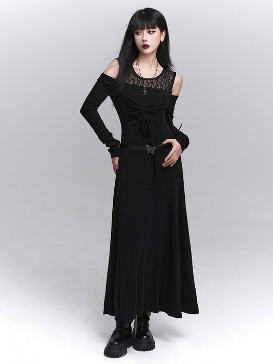 Gothic with Black Two-Piece Neckline Lace Embroidered Dress Faux