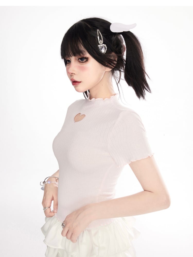 Heart-shaped Cutout Lettuce Hem T-Shirt Pink Mock Neck