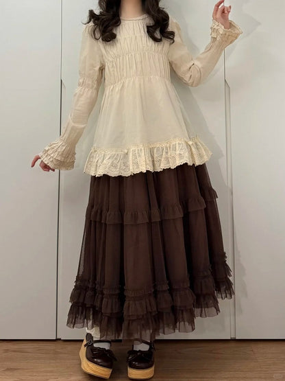 Jupe Lolita marron à volants à plusieurs épaisseurs, élégante et ample en tulle
