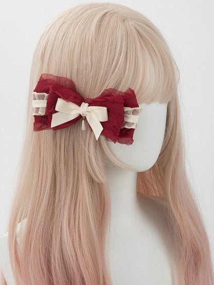 Beige Bow Red Charm Hairclip with Bead shaped Ruffled Lolita Sweet Droplet