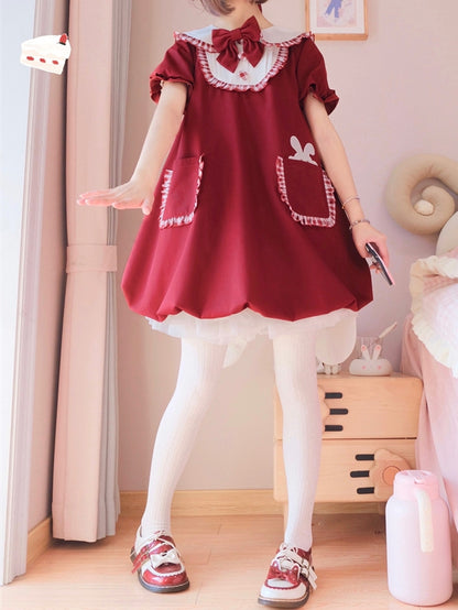 ワインレッドのバニー耳ピーターパンカラーバブルスカートドレス