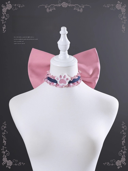Cat Paw Applique Pink Plaid Choker with Big Bow Back
