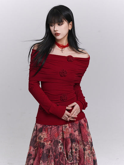Top Long Floral with Christmas Sleeves Off-the-shoulder Neckline Red Design