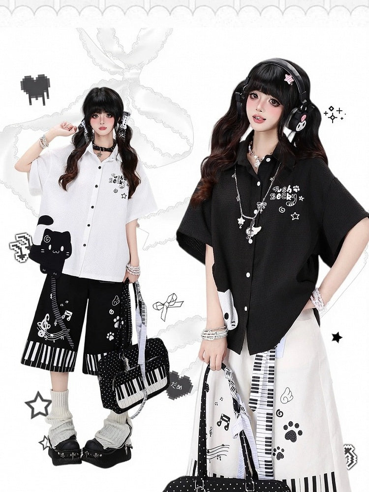 Kitten Print Casual Shirt in Black - CRAZY GIRL