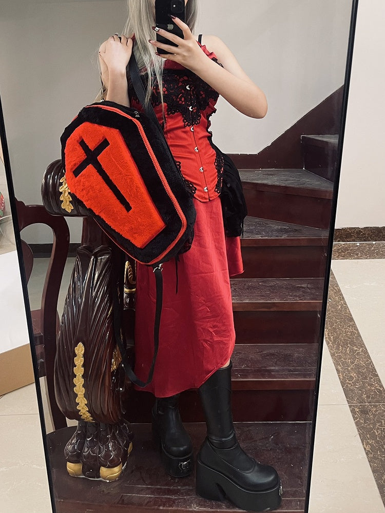 Black & Red Gothic Cross Coffin-Shaped Large  Backpack