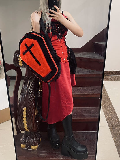 Black & Red Gothic Cross Coffin-Shaped Large  Backpack