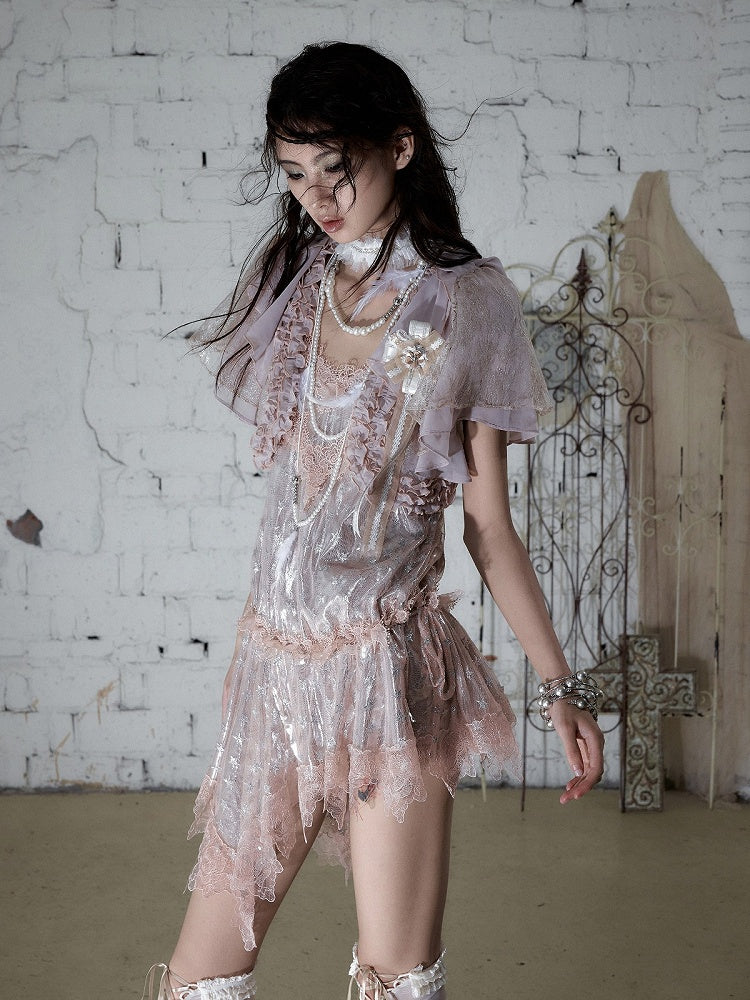 Dusty Pink Chiffon Cropped Top with Lace & Ruffle Trim - Romantic Punk Style