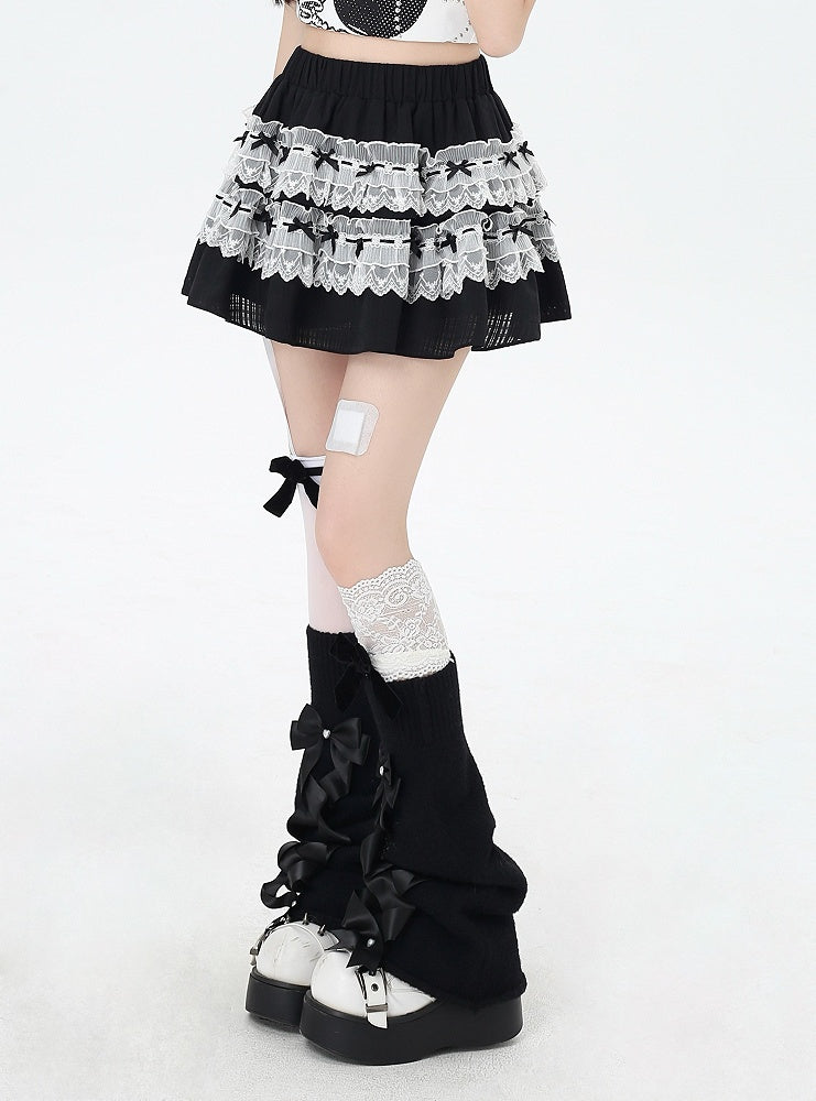 Tiered Skirt Trim Bow Details Black and White Lace