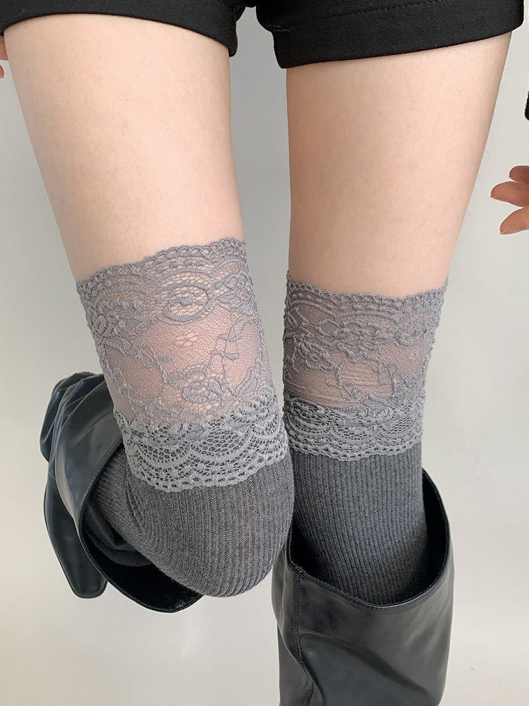 Gray Knit Dark Stockings Lace Ribbed Top
