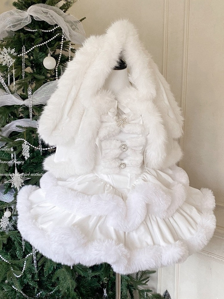 White Sweet Winter Lolita Hooded Cape with Oversized Plush Bunny Ears