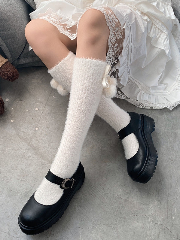 White/Red Bow Pompons Lolita Under Knee Stockings
