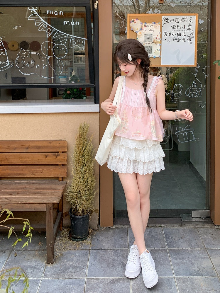 Flutter Bear Print Sleeveless Top Sweet Pink Sleeves Cartoon