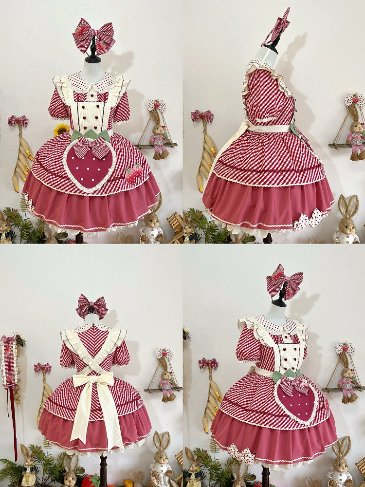 Kleid mit kariertem Lolita-Kragen, Peter-Muster, Erdbeer-Pfanne, süße rosa Schürze