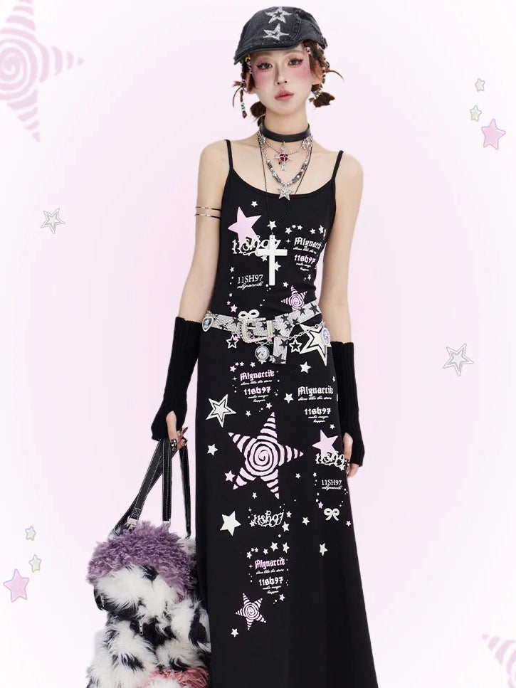 Robe caraco noire à étoiles Y2K longueur thé