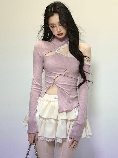 Purple Cutout Shoulder Mock Neck Top with Asymmetrical Hem